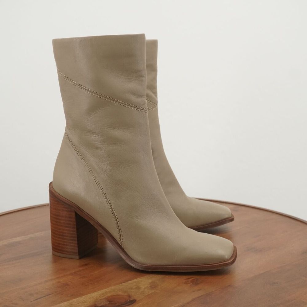 Franco Sarto Womens Stevie Boots Booties Mid Calf Block Heel Beige Leather 9M